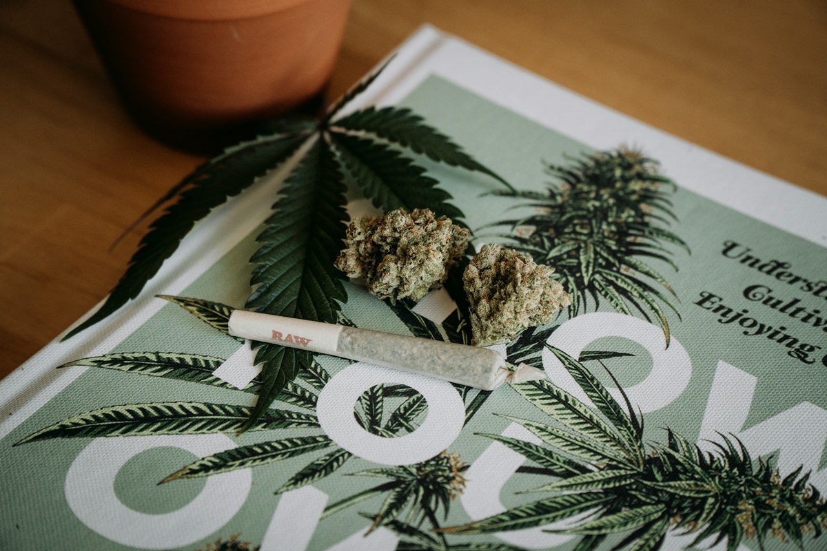 Cannabis joint rolled in RAW papers with nugget and pamphlet