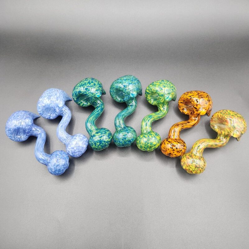 Family of colorful wavy glass Sherlock pipes in blue, green and orange