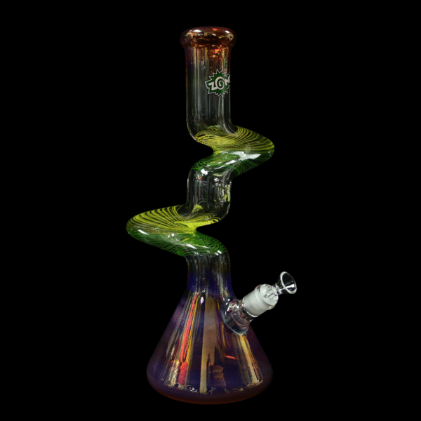 Zong Fat Striped 2 Kink Beaker 9mm - Gold Fume/Yellow & Green