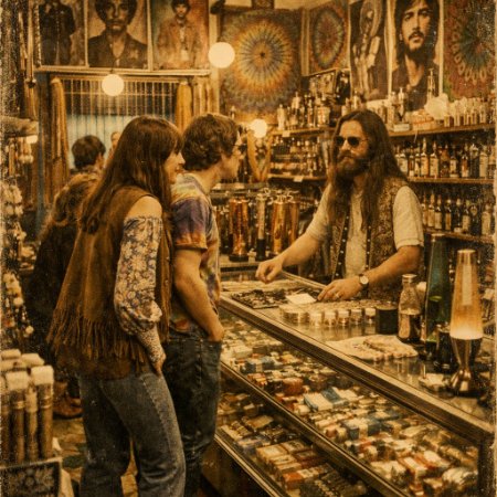 Illustration of a vintage head shop from the counterculture era