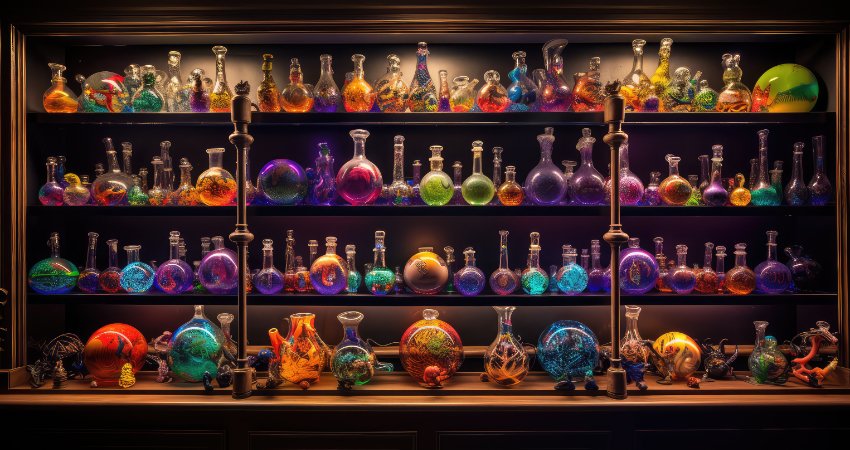 Assorted artistic glass pipes displayed as functional art