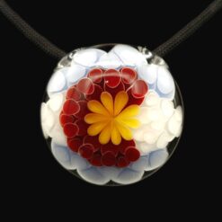 Matsumura Co fully worked glass pendant with red and orange flower dot stack design