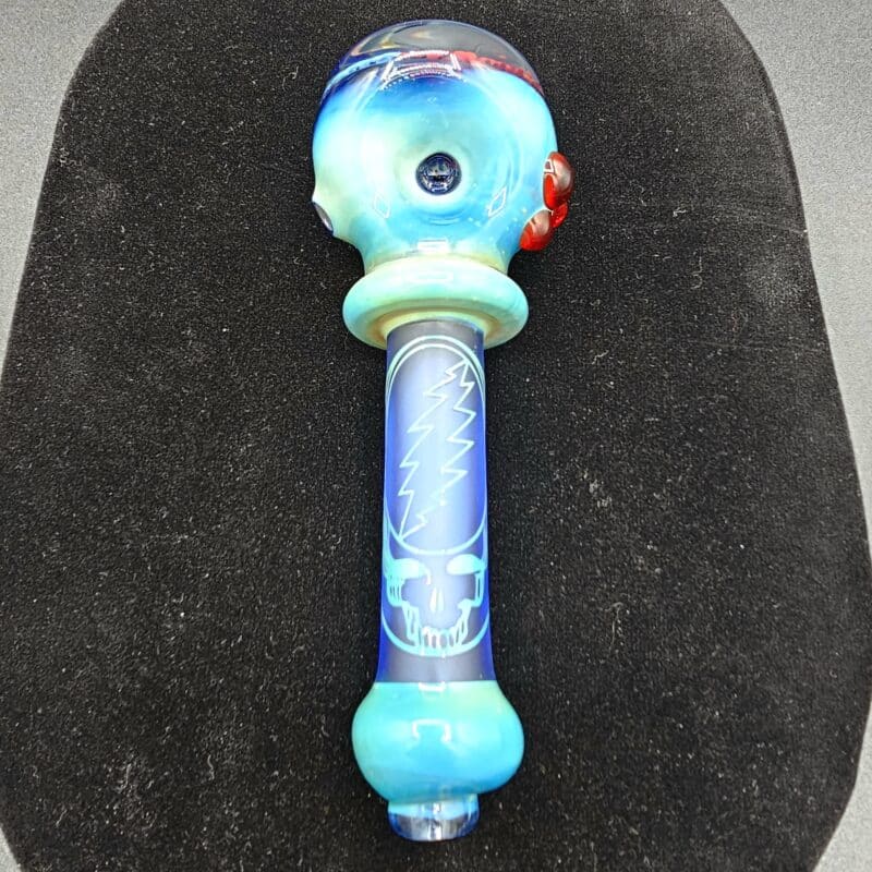 Blurd Glass Grateful Dead heady spoon pipe, Style #1 in teal glass with lightning bolt design
