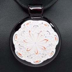 KaiBrown Pendant 12, black glass pendant with a white lace flower pattern