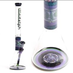 Illadelph Custom Beaker (Green & Purple), full beaker bong on a display stand, angled view