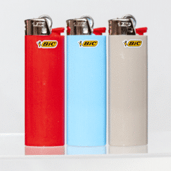 BIC lighters shown in red, blue and tan