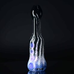 Goblin King black, white and purple glass chillum with marble accents, standing upright