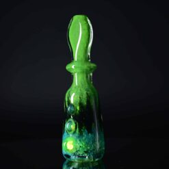 Goblin King green, black and blue glass chillum with marble accents, standing upright