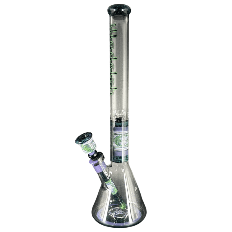 Clear glass beaker-style heady bong with a showerhead percolator