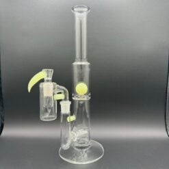 IV Glasswork Twinline Tube #2, clear glass straight tube bong with a UV yellow accent, 15.25-inch tall