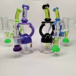 Hourglass Recycler dab rigs shown in purple, black and clear glass