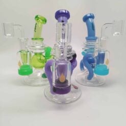 7-inch Recycler dab rigs shown in green, purple and blue glass