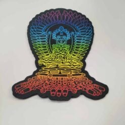 Moodmats Banjo, rainbow-colored Buddha-shaped mat with geometric pattern
