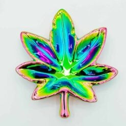 Hemp leaf shaped glass ashtray in rainbow iridescent finish