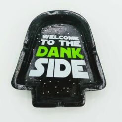 Dank Side ashtray shaped like a dark helmet with glowing text