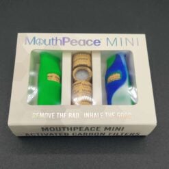 MooseLabs Mini MouthPeace Kit, 3-pack of filter tips in green, black and blue, in retail box