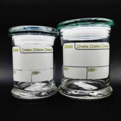 Pulsar pop top stash jars with a modern write-and-erase strain label, set of two