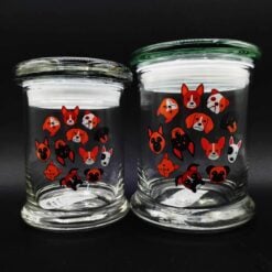 Pulsar pop top stash jars with a Woof Pack dog graphic, set of two