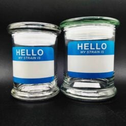 Pulsar pop top stash jars with a Hello write-and-erase label, set of two