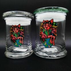 Pulsar pop top stash jars with a Chill Cat graphic, set of two