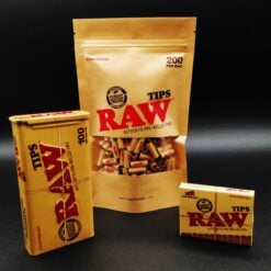 RAW Pre-Rolled Tips in a 200-count stand-up pouch with smaller boxes