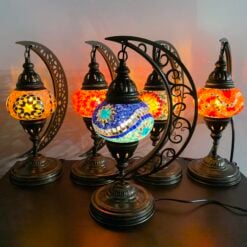 Turkish Mosaic Moon lamps shown together, colorful glass