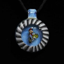 Micro's Workshop Yoshi Pendant, blue glass pendant with a Yoshi-themed character design, on cord