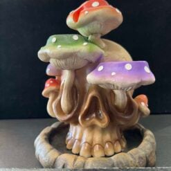 Tri-mushroom skull backflow incense cone burner figurine
