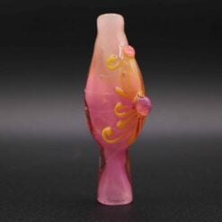 Lyric Fumed Chillum - Pink & Yellow, pink glass chillum with yellow swirl accents, front view