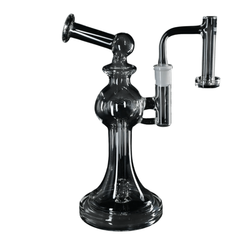 Black glass dab rig with a percolator arm on a display stand