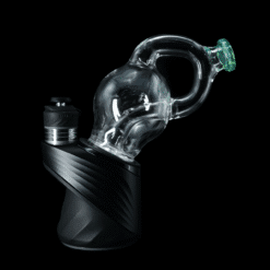 IV Glass Klein Peak Top #1, clear klein-loop top with teal tip on a black electric dab rig base, side view