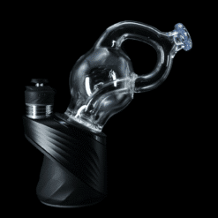 IV Glass Klein Peak Top #3, clear klein-loop top attached to a black electric dab rig base, side view