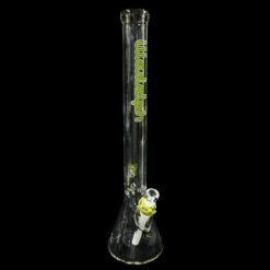 Illadelph 9mm Tall Beakers in lime green, clear glass beaker bong, front view