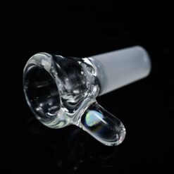 Joel Halen 4 Hole Slide, clear glass bowl with opal accent handle, angled view
