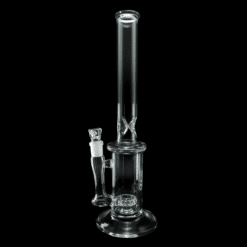 Joel Halen Single Circ Perc, clear glass straight tube bong, 16-inch tall, side view