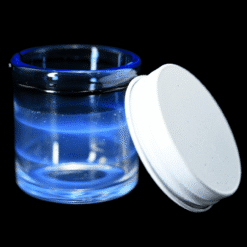 Kadabra Baller Jar in blue, glass storage jar shown open with its lid