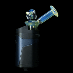 Kadabra Gem Faceted Ghost 2 Top #3, faceted blue glass top on a black electric dab rig base, side view