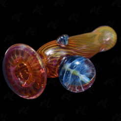 Kadabra Fume Chillum - Gold, amber fumed glass chillum with a blue marble accent, angled view