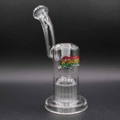 Leisure 16 Arm Bubbler #2, clear glass bubbler with a rainbow accent perc, angled view