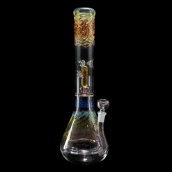 Mary Jane 50x5 Gold & Silver Fumed Halo Beaker #3, fumed beaker bong with a halo percolator, 16-inch tall, front view