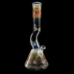 Mary Jane 50x5 Gold & Silver Fumed Kink Beaker #1, fumed beaker bong with a kinked neck, 16-inch tall, front view