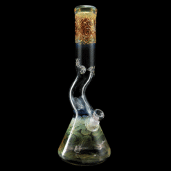 Mary Jane 50x5 Gold & Silver Fumed Kink Beaker #2, fumed beaker bong with a kinked neck, 16-inch tall, front view
