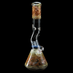 Mary Jane 50x5 Gold & Silver Fumed Kink Beaker #3, fumed beaker bong with a kinked neck, 16-inch tall, front view