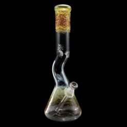 Mary Jane 50x5 Gold & Silver Fumed Kink Beaker #4, fumed beaker bong with a kinked neck, 16-inch tall, front view