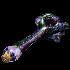 Matty White 2 Milli Dichro Banded Spoon - Mushrooms, dark purple glass spoon pipe, front view