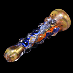 Matty White ISO Bumpy One Hitter #1, amber and blue bumpy glass one-hitter, full view