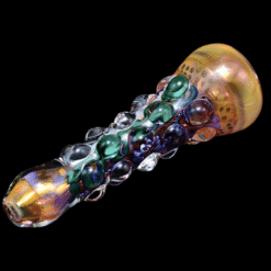Matty White ISO Bumpy One Hitter #5, amber and green bumpy glass one-hitter, full view