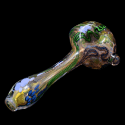 Matty White ISO Worm Spoon w/ Milli - Peace, green worked glass spoon pipe, front view