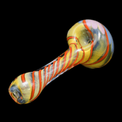 Matty White Twisty Front Spoon #2, amber and orange striped glass spoon pipe, front view