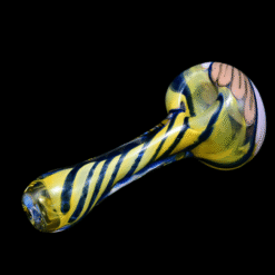 Matty White Twisty Front Spoon #3, amber and blue twisted glass spoon pipe, front view
